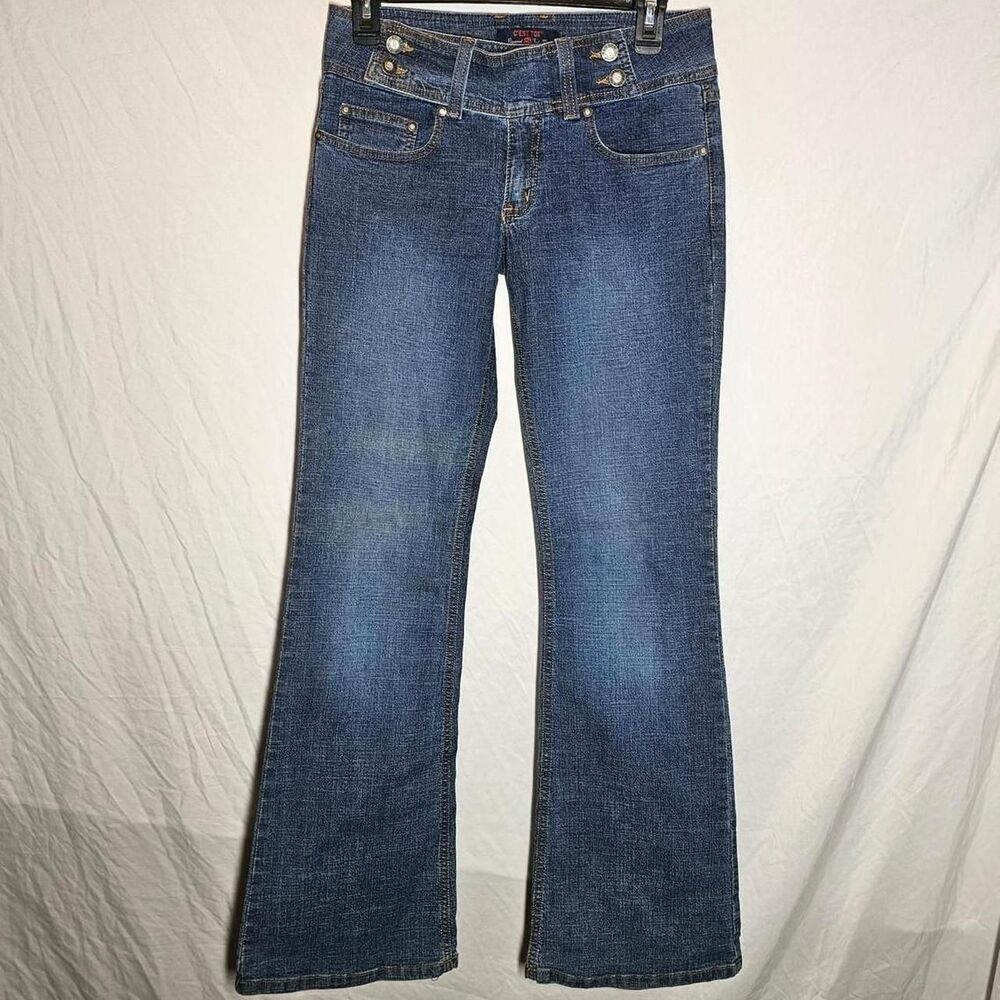 vintage low rise flare y2k dark wash belted waistband jeans